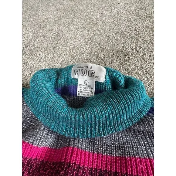 Vintage 80's Here is a Hug High Neck Sweater Rainbow Stripes size LARGE - Picture 7 of 10